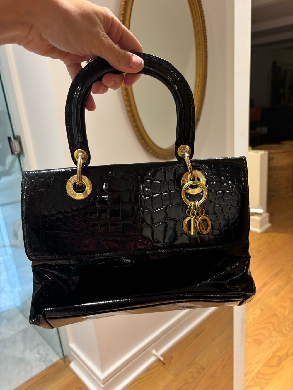 Vintage “ciao” Black Croc-Embossed Patent Leather Top-Handle Bag